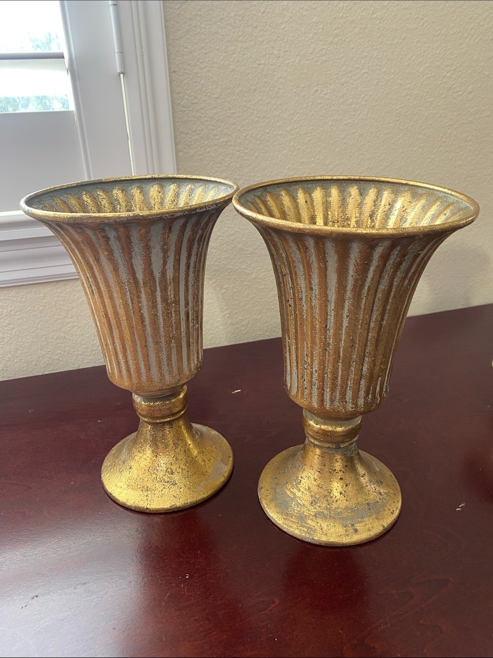 Gold Decorative Fluted Pedestal Vases - Pair